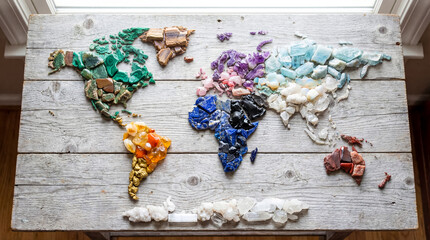 Artistic world map crafted from colorful natural gemstones arranged on a weathered wooden surface