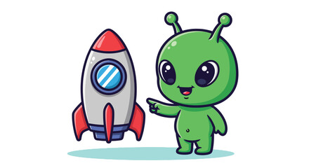 Obraz premium Cute Alien Pointing at Rocket Cartoon Vector Illustration.
