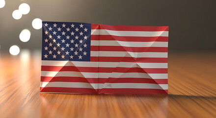 Obraz premium Close-up of the american flag with a blurred background on a wooden surface