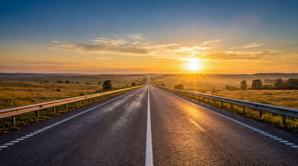 Long empty asphalt road stretching into the horizon under a vibrant sunrise sky with golden sunlight