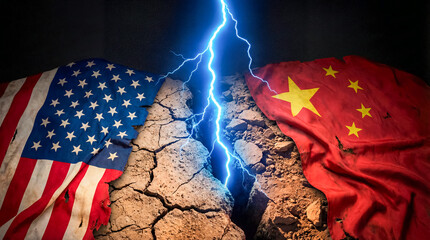 Lightning strikes a deep crack dividing the United States and China flags symbolizing geopolitical tension and conflict
