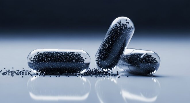 Transparent Pharmaceutical Capsules with Micro-granules on Reflective Surface, Symbolizing Precision Medicine and Scientific Drug Innovation.