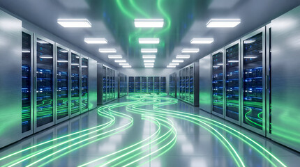 Modern data center server racks illuminated with flowing green digital data streams across the floor