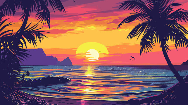 Vibrant sunset on a tropical beach framed by palm trees in pixel art style