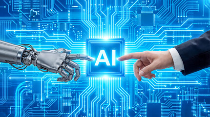 Robotic hand and human hand collaborating on artificial intelligence technology and innovation