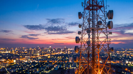Telecommunication tower with antennas overlooking a city skyline during a beautiful twilight sunset