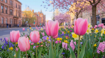 Vibrant pink tulips and colorful spring flowers bloom along a city street with buildings and trees
