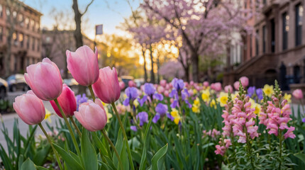 Vibrant spring flowers including pink tulips and snapdragons bloom along a city street with buildings