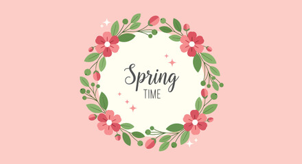 Spring Time Floral Wreath on Pink Background.