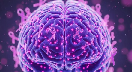 Obraz premium Human Brain Embellished with Pink Ribbons & Glowing Spots: Symbol of Neurological Cancer Awareness, Research & Hope for Cures.