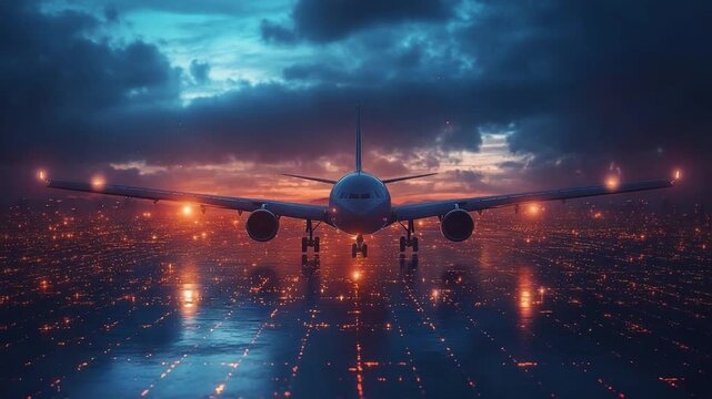 Skybound at Twilight: A modern airliner prepares for takeoff, silhouetted against a dramatic twilight sky with city lights twinkling below, promising journeys.