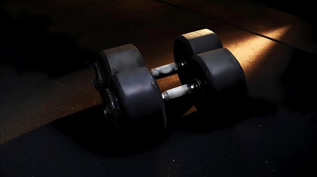 Heavy Black Dumbbells on Dark Gym Floor with Dramatic Lighting