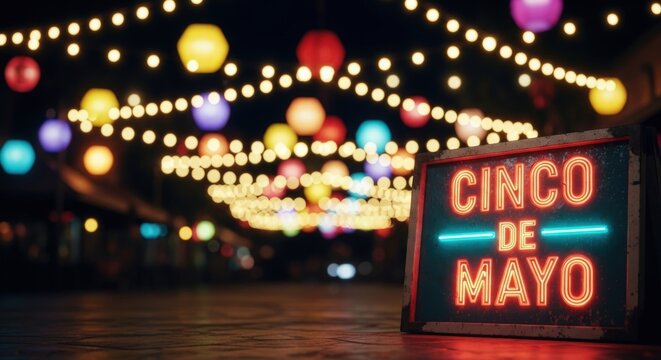 A vibrant Cinco de Mayo celebration with colorful lights and a neon sign
