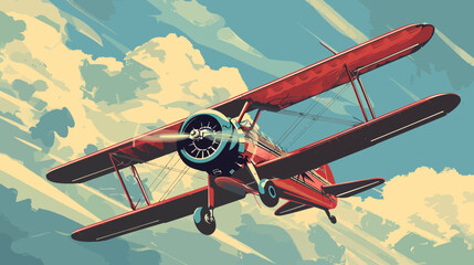 A vintage, red biplane soars through a colorful, abstract sky with fluffy clouds © wafa