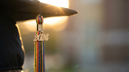 Graduation cap with 2026 tassel in sunlight celebrating academic achievement and future success