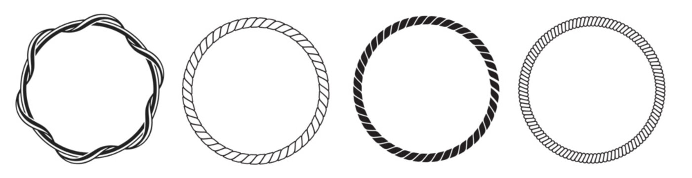 Hand drawn rope circle frames collection. Vintage round borders set