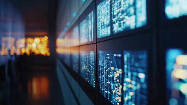 Modern control room with multiple screens a wall, monitoring vast amounts of digital information and analytical graphs in real time, creating a powerful data management concept