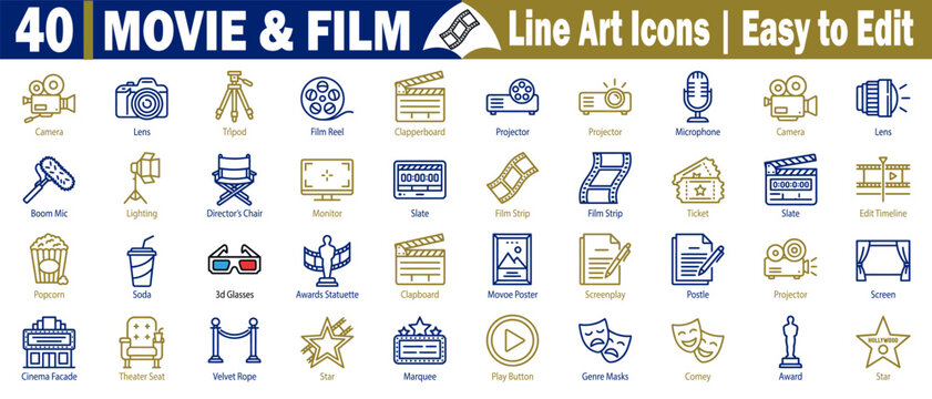 Line art icons set for movie and film production and cinema industry elements. Easy to edit vector graphics for entertainment, business, and creative projects, and illustration.