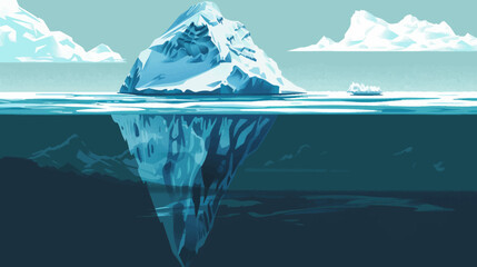 Pixelated iceberg with vast submerged section under icy surface, cloudy sky above © wafa