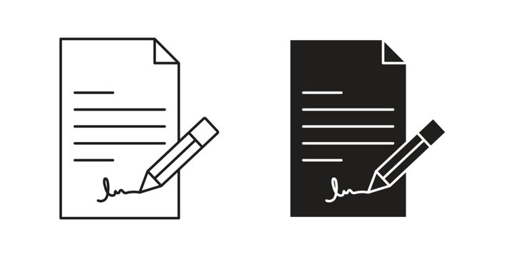 Document signed icon style design pack on white background. Thin line and clipart style