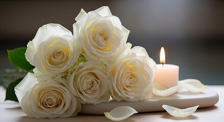 Elegant white roses with a lit candle on a white surface closeup