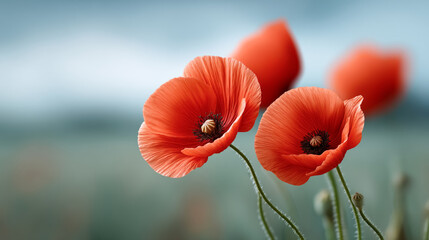 Vibrant orange poppies blooming in a serene field landscape