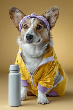 Funny studio portrait of a dog wearing a sport-suit and a band. 