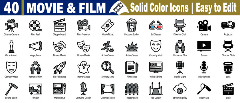 Movie and film solid color icons. Easy to edit set. Including a cinema camera film reel, clapperboard, and projector vector illustration.