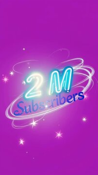 Neon text displaying 2M subscribers in electric cyan color on a vibrant purple background with sparkling stars and glowing effects, creating a dynamic visual appeal
