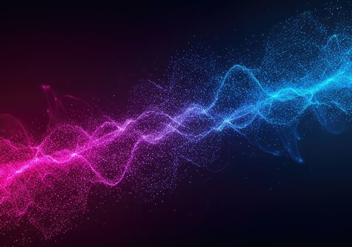 Ethereal deep blue and magenta energy field background depicting subatomic particles and glowing wave functions in a dynamic, modern scientific style graphic, digital, futuristic, science