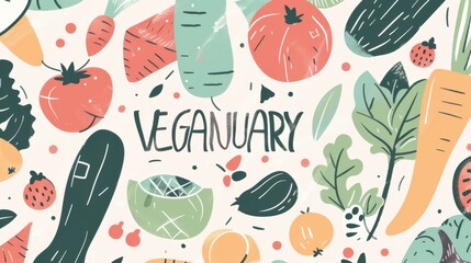 Colorful illustration of various vegetables and fruits with the word 'Veganuary' prominently displayed. The design features a playful, hand-drawn style.