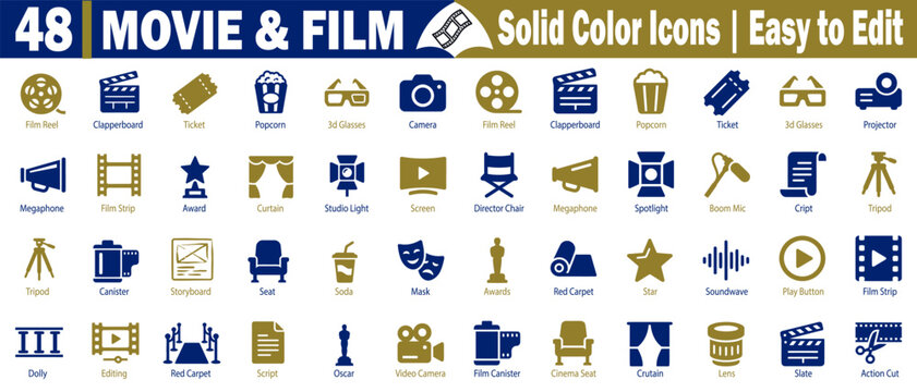 Movie and film solid color icons. Easy to edit. Including film reel, clapperboard ticket, and projector vector illustration.