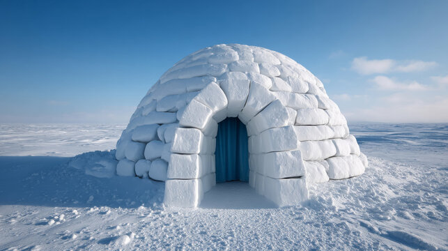 Winter scene with snowy igloo and vibrant rainbow entrance for art display or design