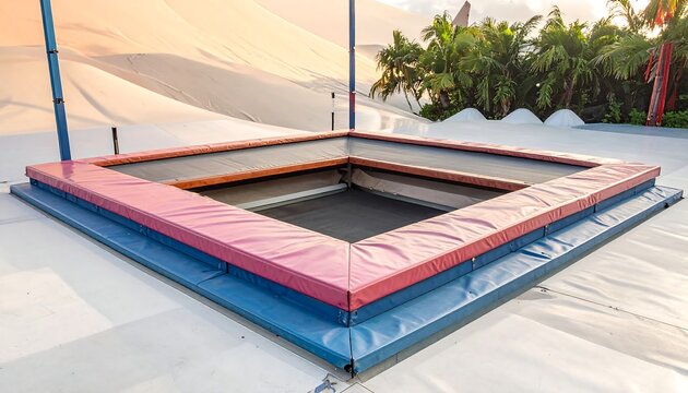 Square Trampoline in Outdoor Setting with Lush Greenery.