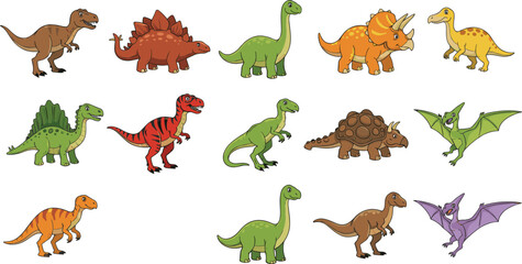 Colorful Cartoon Dinosaur Vector Character Set Featuring T-Rex, Triceratops, Brachiosaurus, and Pterodactyl for Kids Education, Stickers, Pattern Design, and Childrens Book Illustrations © MD