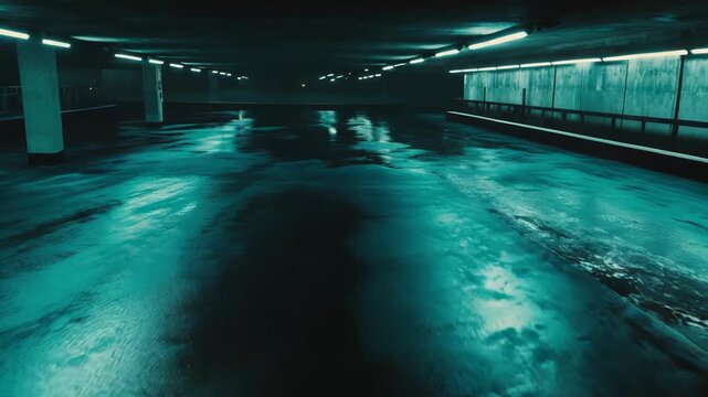 Empty underground car park featuring wet floor reflections and glowing linear light fixtures, creating a foreboding and mysterious liminal space with an eerie atmosphere