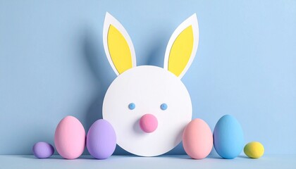 Fototapeta premium Paper bunny face with pastel eggs on blue