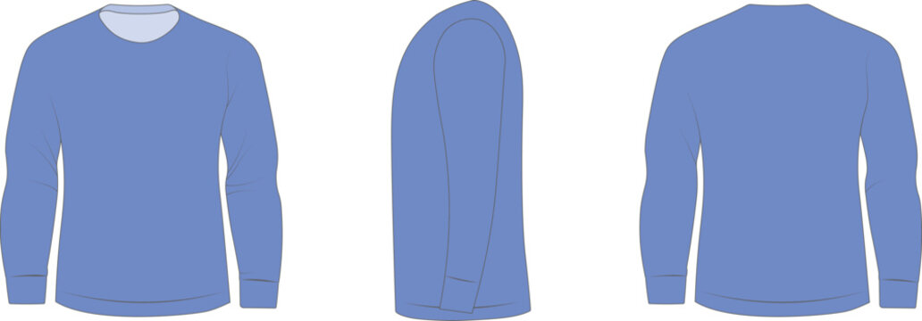 Blue long sleeve sweater mockup shown in front, side, and back views. Minimal apparel template designed for clothing visualization and fashion presentation. Clean vector garment layout ideal for brand