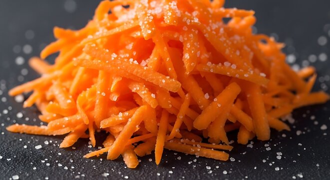 Heap of shredded carrots, lightly salted, sits on a dark surface, macro view