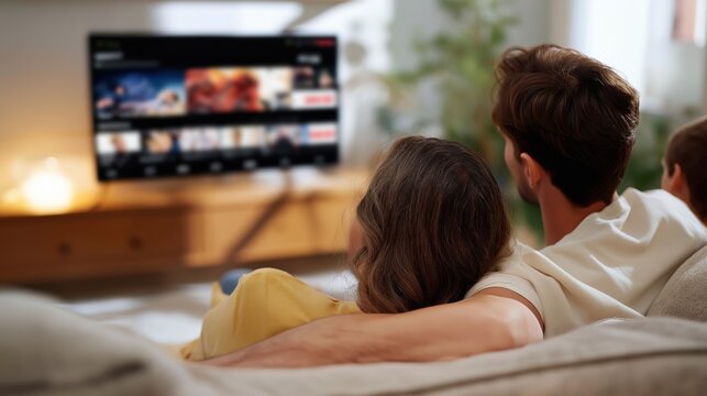 Couple watching TV together while relaxing on a sofa at home  