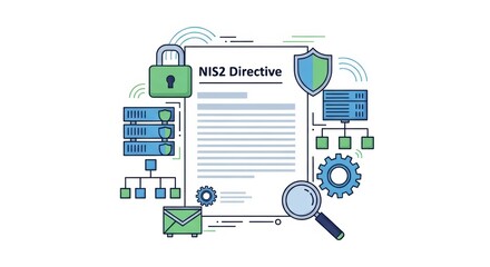 NIS2 Directive Cybersecurity Compliance Concept: Padlock, Shield, Servers, Magnifying Glass