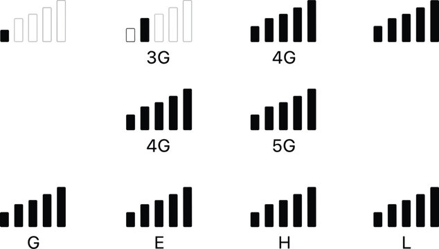 Mobile Phone Signal Strength Indicator Icon Set Featuring 3G 4G 5G LTE Network Connectivity Bars and Cellular Data Status Symbols for User Interface Design