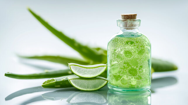 Green glass bottle filled with aloe vera gel, surrounded by fresh aloe leaves and sliced segments, showcasing natural beauty and wellness concepts in a serene setting