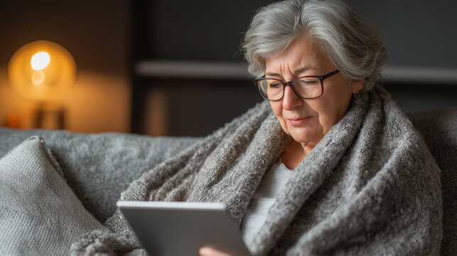 Senior woman with gray hair, wearing glasses and a cozy blanket, is sitting on a sofa, using a tablet device, enjoying leisure time in a warm, inviting living room atmosphere
