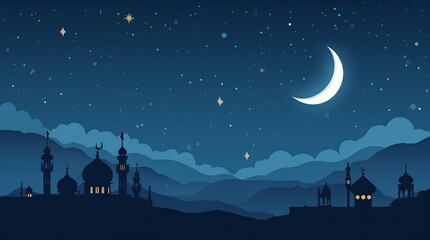 Fototapeta premium A serene illustration of a silhouetted mosque skyline against a beautiful starry night. Perfect for Ramadan, Eid, or religious and cultural content.