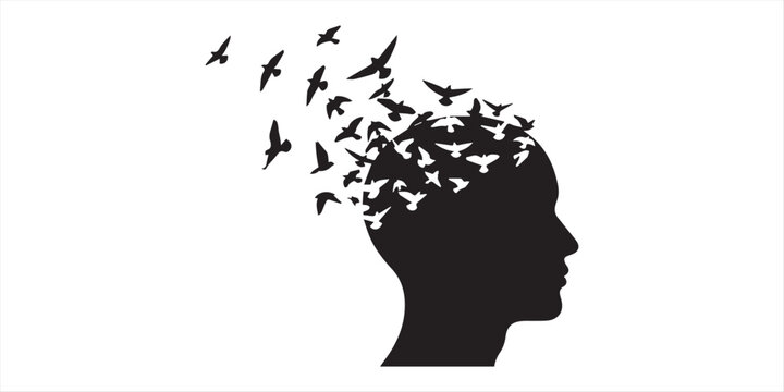 Head silhouette with flying birds on transparent background