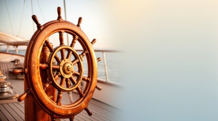 Transportation banner with close-up of ship's wheel on boat deck, soft gradient background, space for text on the right 

