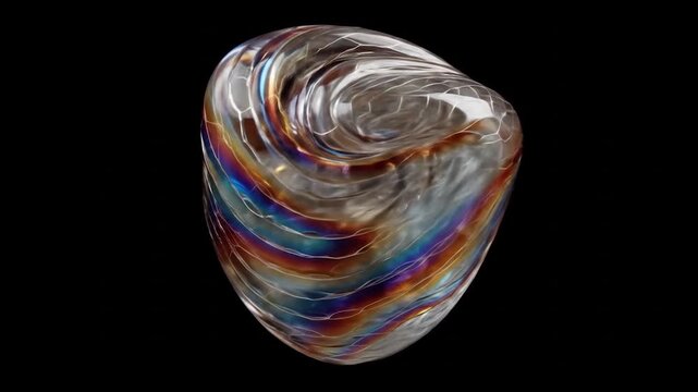 Abstract iridescent object floating against a dark background