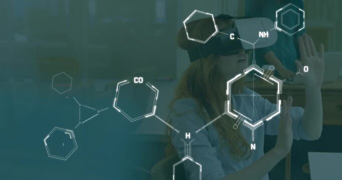 Animation of chemical formula over caucasian woman using vr headset