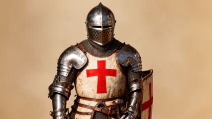 Obraz premium Medieval knight wearing full armor with a red cross, symbolizing courage and historical valor. George's Day. Independence Day of England 